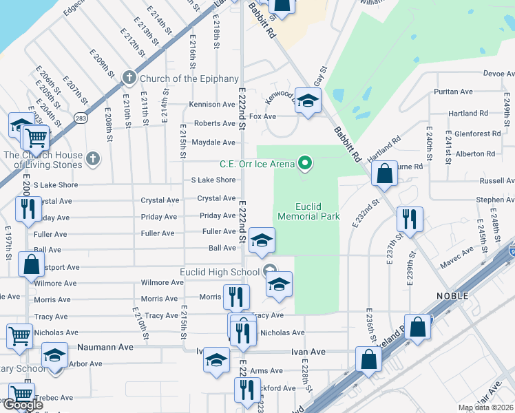 map of restaurants, bars, coffee shops, grocery stores, and more near 571 East 222nd Street in Euclid