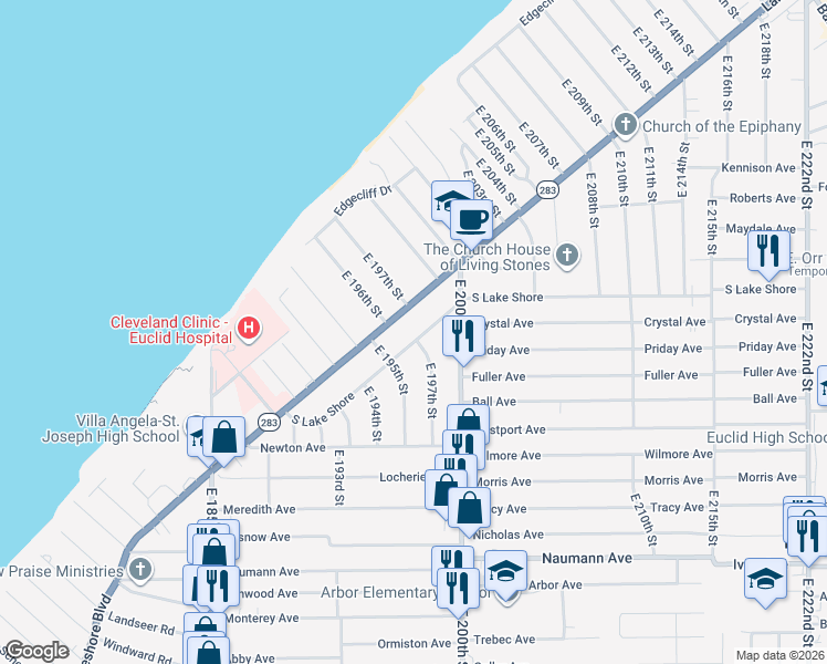 map of restaurants, bars, coffee shops, grocery stores, and more near 19801 South Lake Shore in Euclid
