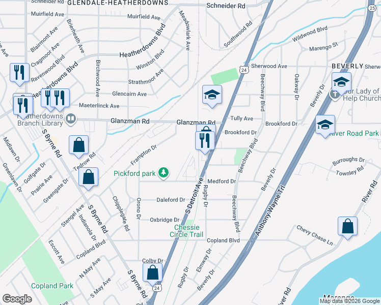 map of restaurants, bars, coffee shops, grocery stores, and more near 2841 Terrace Downs Street in Toledo