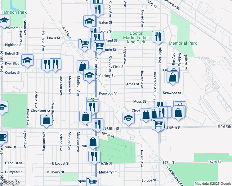 map of restaurants, bars, coffee shops, grocery stores, and more near 931 Kenwood Street in Hammond