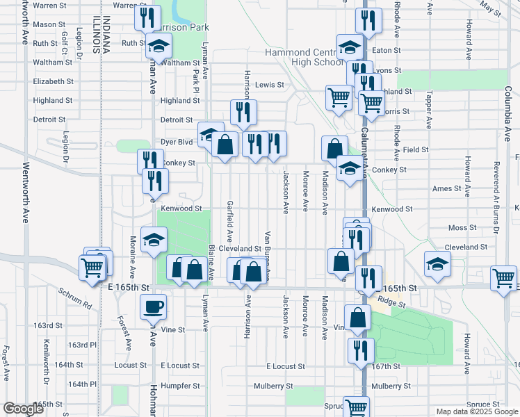 map of restaurants, bars, coffee shops, grocery stores, and more near 6253 Harrison Avenue in Hammond