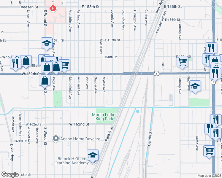 map of restaurants, bars, coffee shops, grocery stores, and more near 15937 Loomis Avenue in Harvey