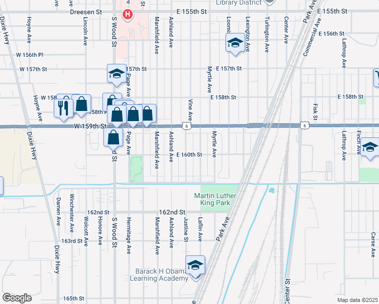 map of restaurants, bars, coffee shops, grocery stores, and more near 15934 Gauger Avenue in Harvey