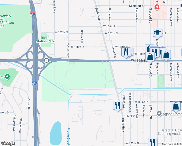 map of restaurants, bars, coffee shops, grocery stores, and more near 15940 Irving Avenue in Harvey