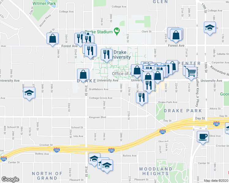 map of restaurants, bars, coffee shops, grocery stores, and more near 2821 Brattleboro Avenue in Des Moines