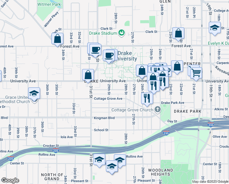 map of restaurants, bars, coffee shops, grocery stores, and more near 2821 Brattleboro Avenue in Des Moines