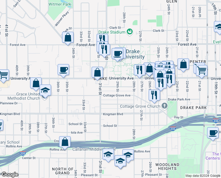 map of restaurants, bars, coffee shops, grocery stores, and more near 2932 Brattleboro Avenue in Des Moines