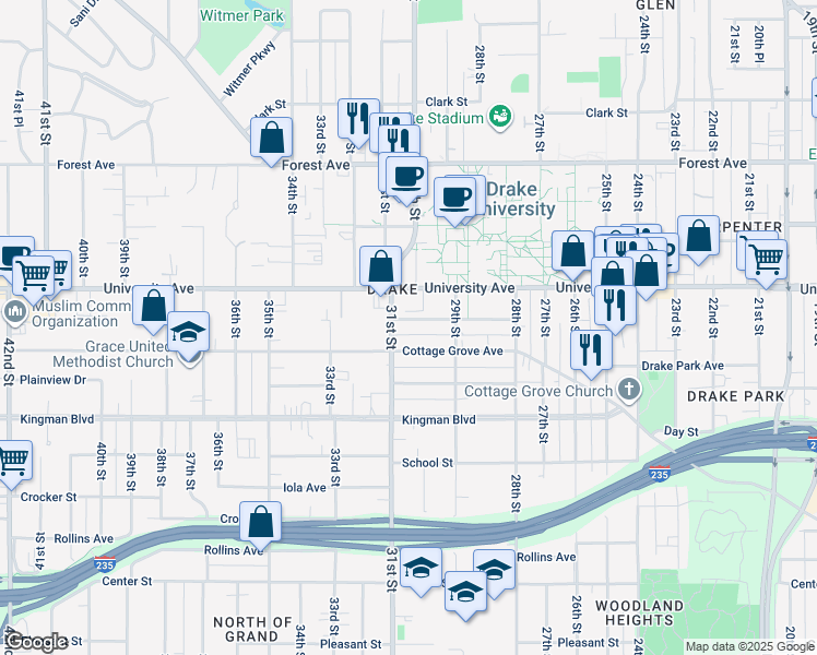 map of restaurants, bars, coffee shops, grocery stores, and more near 2932 Brattleboro Avenue in Des Moines