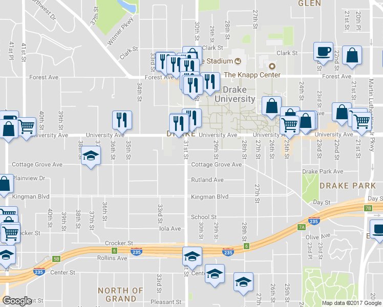 map of restaurants, bars, coffee shops, grocery stores, and more near 2932 Brattleboro Avenue in Des Moines