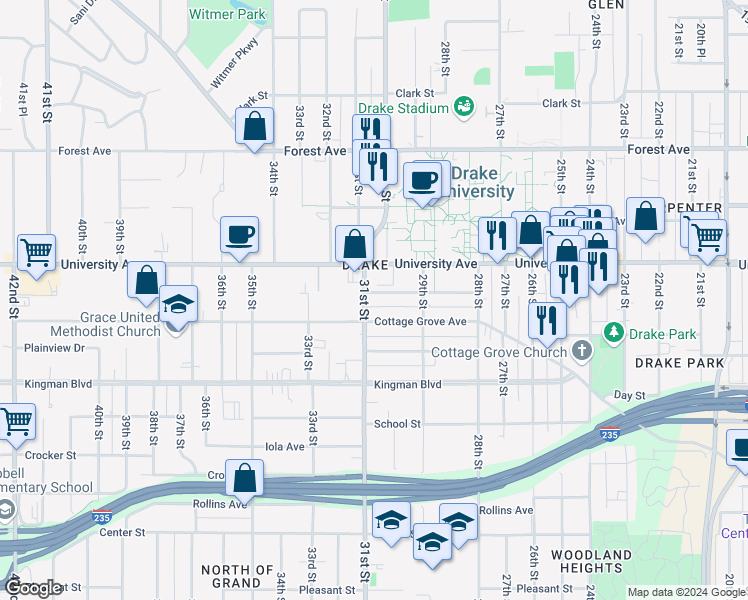 map of restaurants, bars, coffee shops, grocery stores, and more near 2940 Brattleboro Avenue in Des Moines