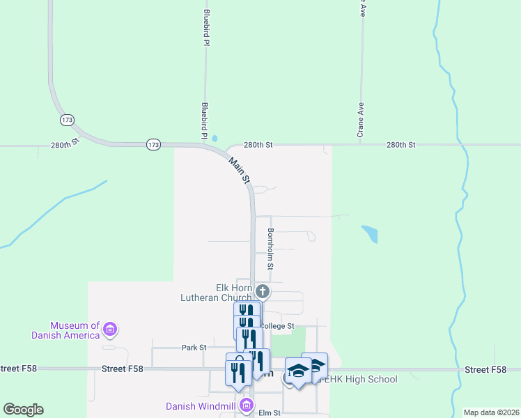 map of restaurants, bars, coffee shops, grocery stores, and more near 2030 High Street in Elk Horn