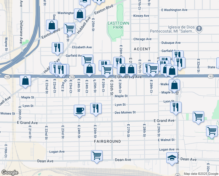 map of restaurants, bars, coffee shops, grocery stores, and more near 832 East 26th Street in Des Moines