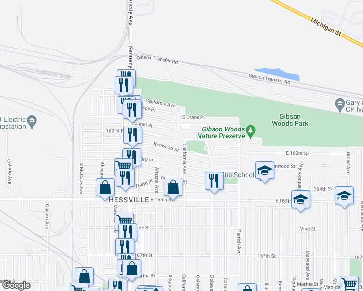 map of restaurants, bars, coffee shops, grocery stores, and more near 6252 California Avenue in Hammond