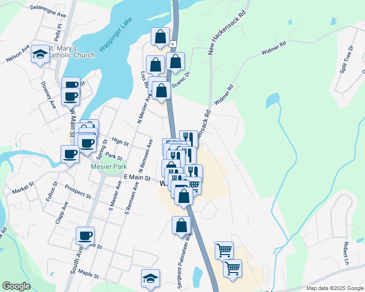 map of restaurants, bars, coffee shops, grocery stores, and more near 1622 U.S. 9 in Wappingers Falls