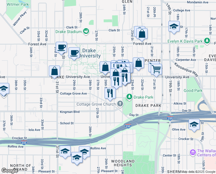 map of restaurants, bars, coffee shops, grocery stores, and more near 1147 26th Street in Des Moines