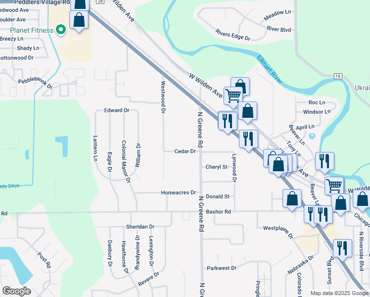 map of restaurants, bars, coffee shops, grocery stores, and more near 2009 Cedar Drive in Goshen