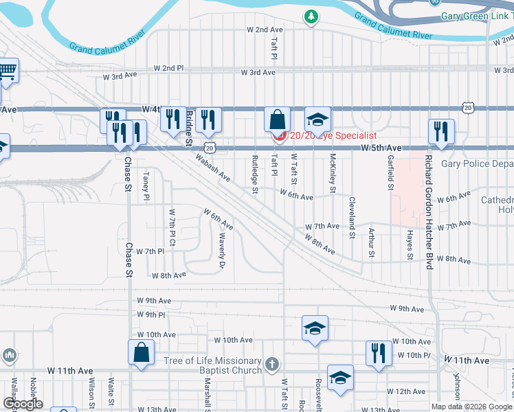 map of restaurants, bars, coffee shops, grocery stores, and more near 619 Rutledge Street in Gary
