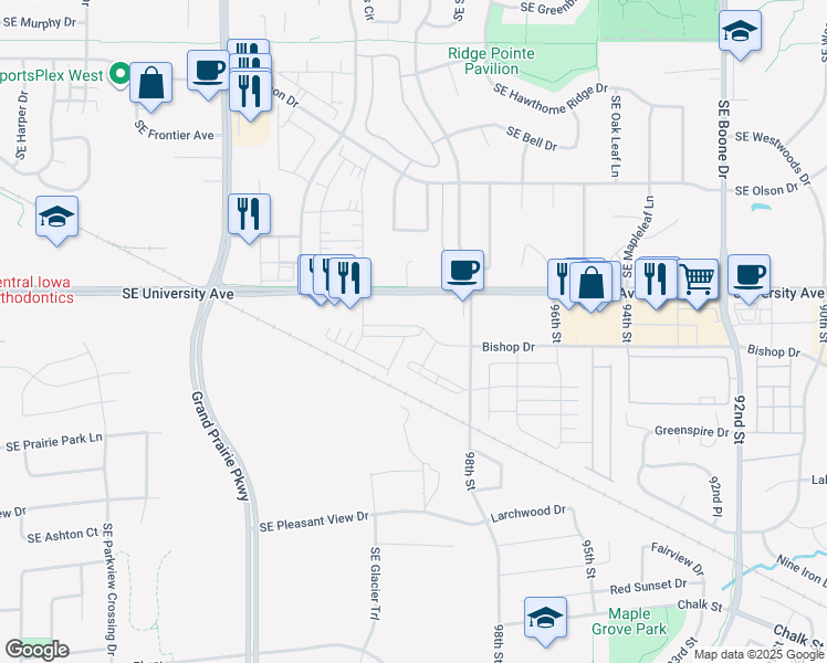 map of restaurants, bars, coffee shops, grocery stores, and more near 1360 Southeast Bishop Drive in Waukee