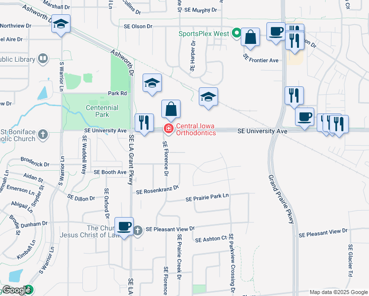 map of restaurants, bars, coffee shops, grocery stores, and more near 1355 Southeast Florence Drive in Waukee