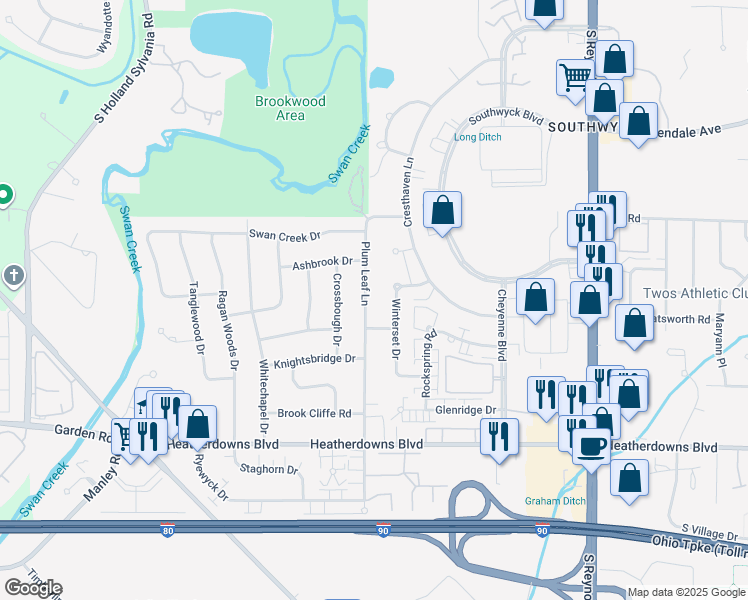 map of restaurants, bars, coffee shops, grocery stores, and more near 2214 Plum Leaf Lane in Toledo