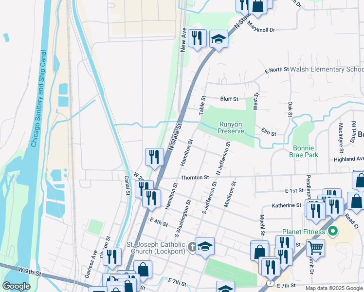 map of restaurants, bars, coffee shops, grocery stores, and more near 119 Franklin Street in Lockport