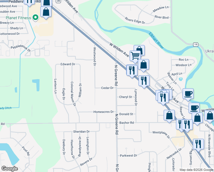 map of restaurants, bars, coffee shops, grocery stores, and more near 2009 Cedar Dr in Goshen