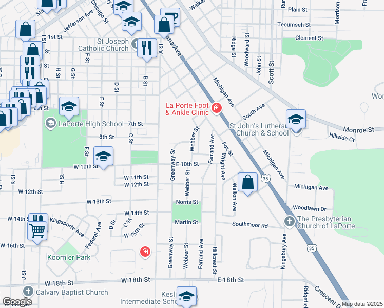 map of restaurants, bars, coffee shops, grocery stores, and more near 899 Webber St in La Porte