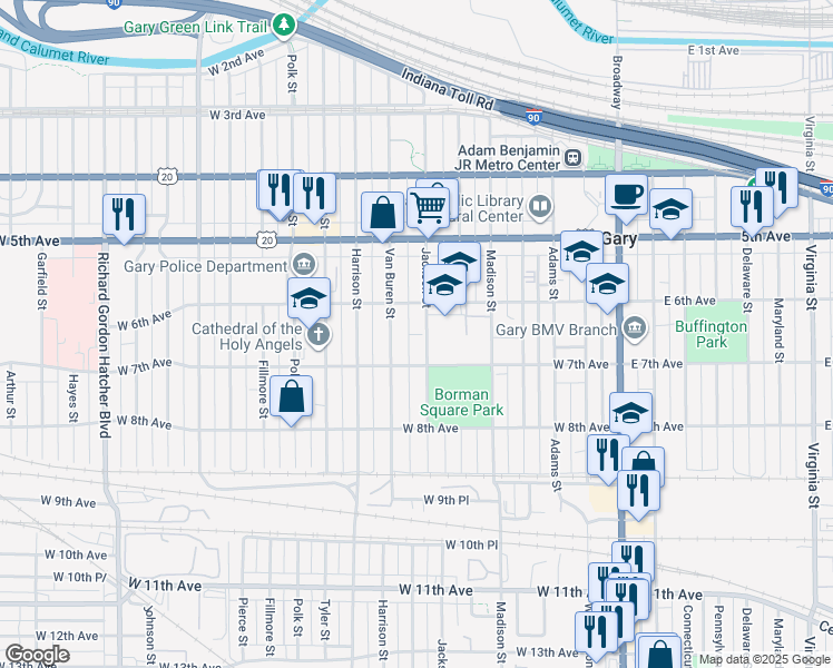 map of restaurants, bars, coffee shops, grocery stores, and more near 630 Jackson Street in Gary