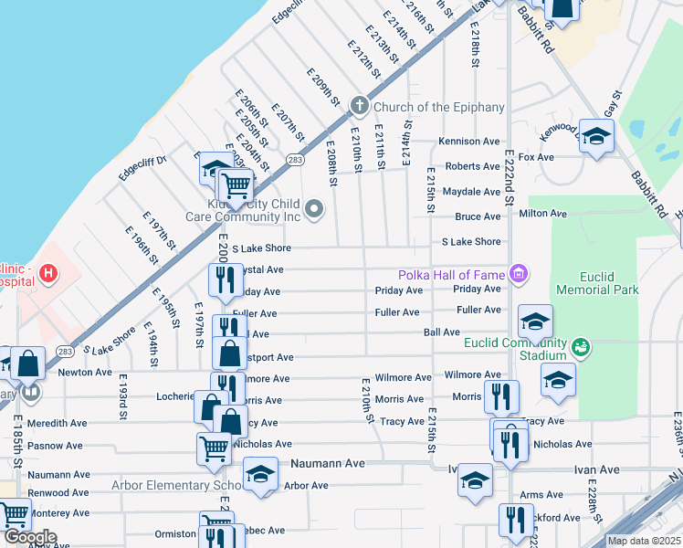 map of restaurants, bars, coffee shops, grocery stores, and more near 20890 Crystal Avenue in Euclid