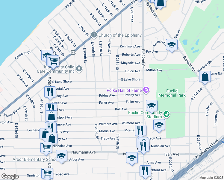 map of restaurants, bars, coffee shops, grocery stores, and more near 21451 Crystal Avenue in Euclid
