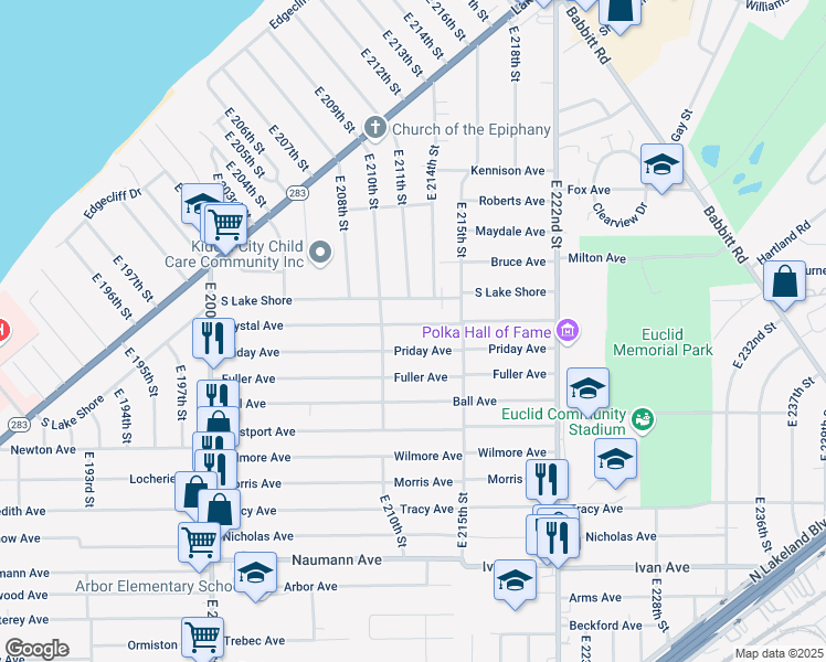 map of restaurants, bars, coffee shops, grocery stores, and more near 21151 Crystal Avenue in Euclid
