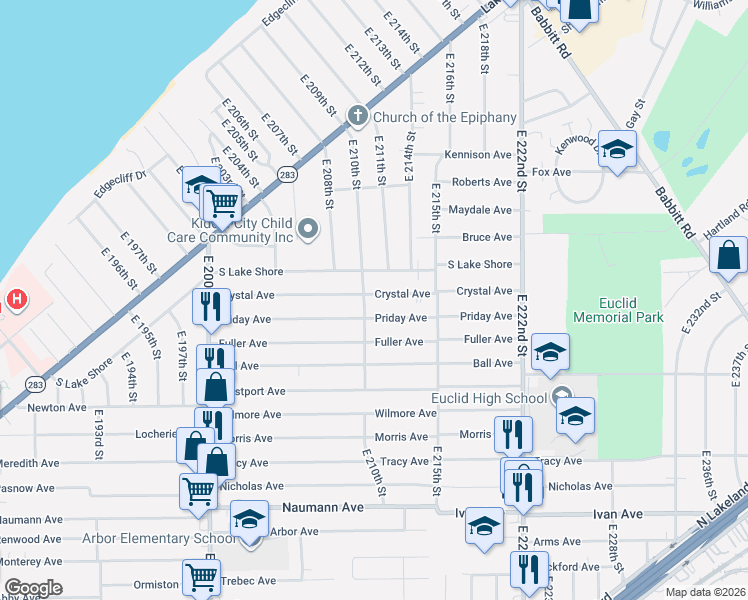 map of restaurants, bars, coffee shops, grocery stores, and more near 21151 Crystal Avenue in Euclid