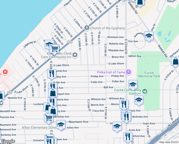 map of restaurants, bars, coffee shops, grocery stores, and more near 394 East 210th Street in Euclid