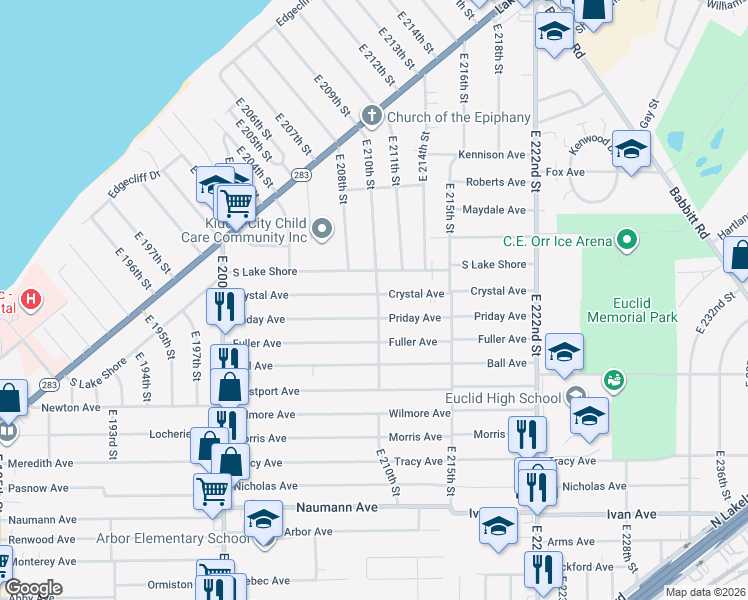 map of restaurants, bars, coffee shops, grocery stores, and more near 394 East 210th Street in Euclid