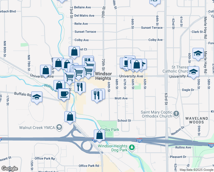 map of restaurants, bars, coffee shops, grocery stores, and more near 1138 69th Street in Windsor Heights