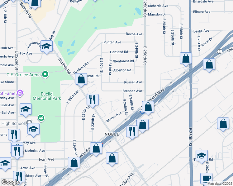 map of restaurants, bars, coffee shops, grocery stores, and more near 24440 Stephen Avenue in Euclid