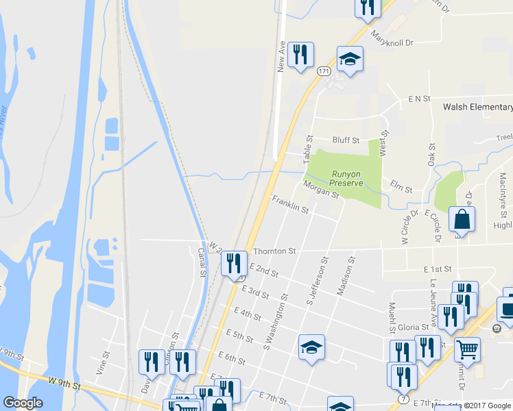 map of restaurants, bars, coffee shops, grocery stores, and more near 175 North State Street in Lockport