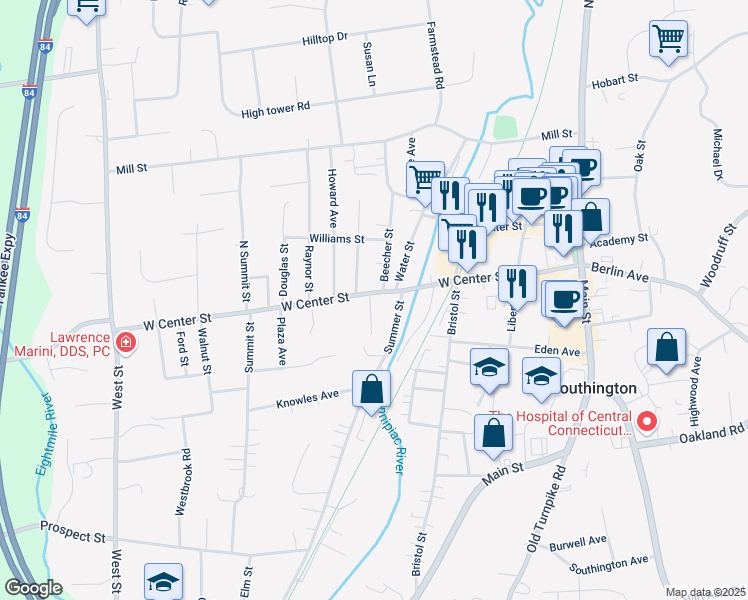map of restaurants, bars, coffee shops, grocery stores, and more near 156 West Center Street in Southington