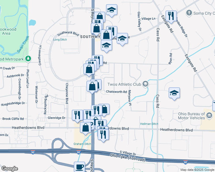 map of restaurants, bars, coffee shops, grocery stores, and more near 2221 Foxbourne Road in Toledo