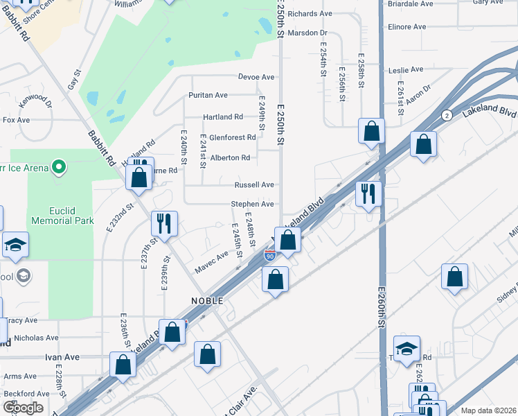 map of restaurants, bars, coffee shops, grocery stores, and more near 24850 Stephen Avenue in Euclid