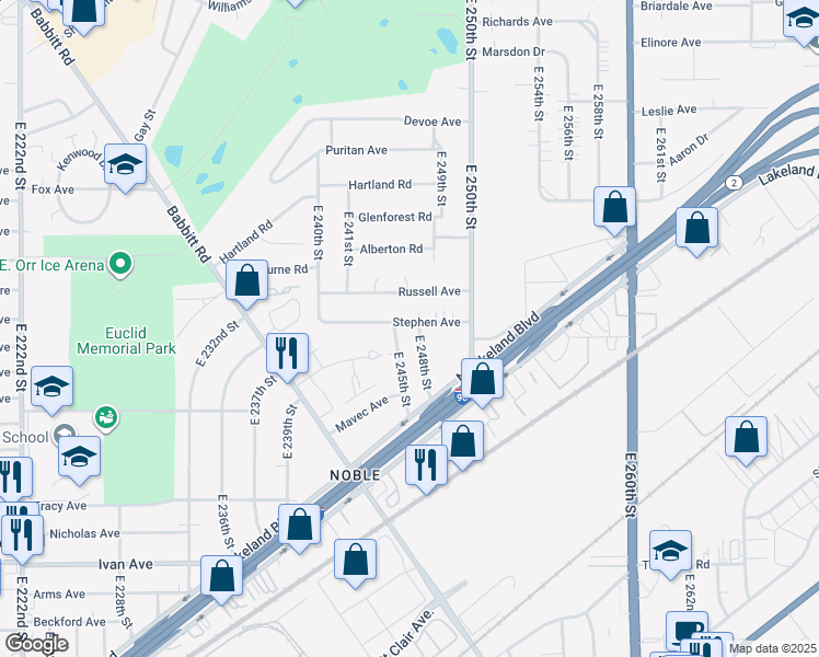 map of restaurants, bars, coffee shops, grocery stores, and more near 24650 Stephen Avenue in Euclid