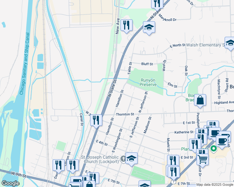 map of restaurants, bars, coffee shops, grocery stores, and more near 119 Franklin Street in Lockport