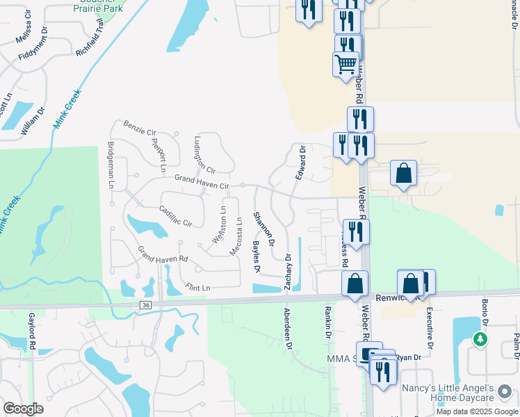 map of restaurants, bars, coffee shops, grocery stores, and more near 683 Shannon Drive in Romeoville
