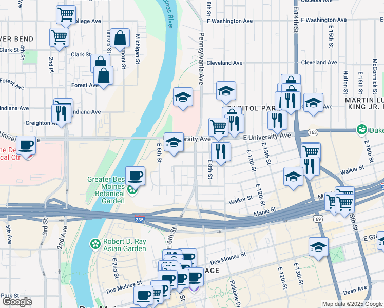map of restaurants, bars, coffee shops, grocery stores, and more near 1122 Pennsylvania Avenue in Des Moines