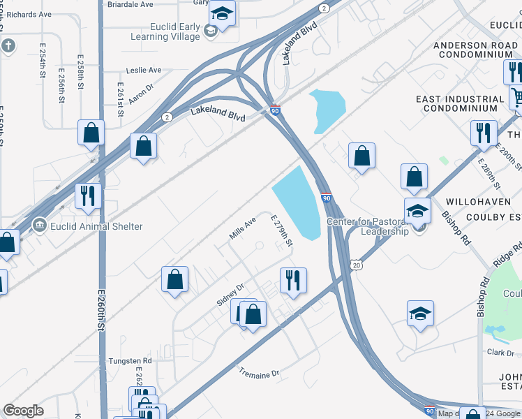 map of restaurants, bars, coffee shops, grocery stores, and more near 27901 Mills Avenue in Euclid