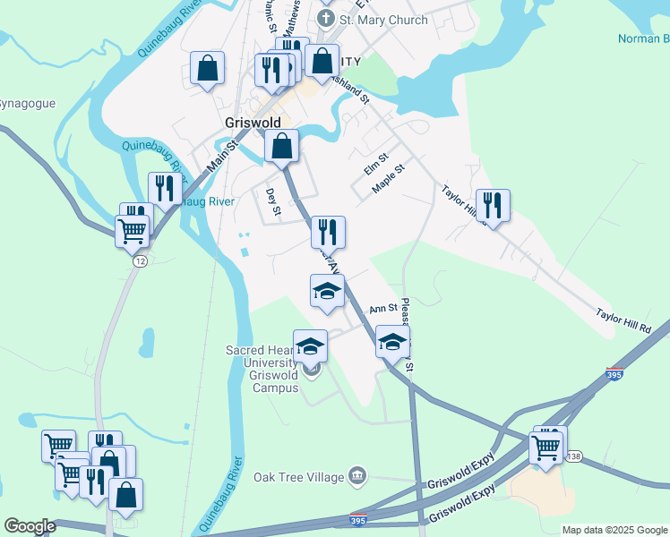 map of restaurants, bars, coffee shops, grocery stores, and more near 169 Slater Ave in Griswold