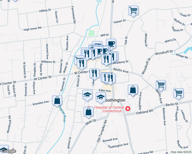 map of restaurants, bars, coffee shops, grocery stores, and more near 137 Liberty Street in Southington