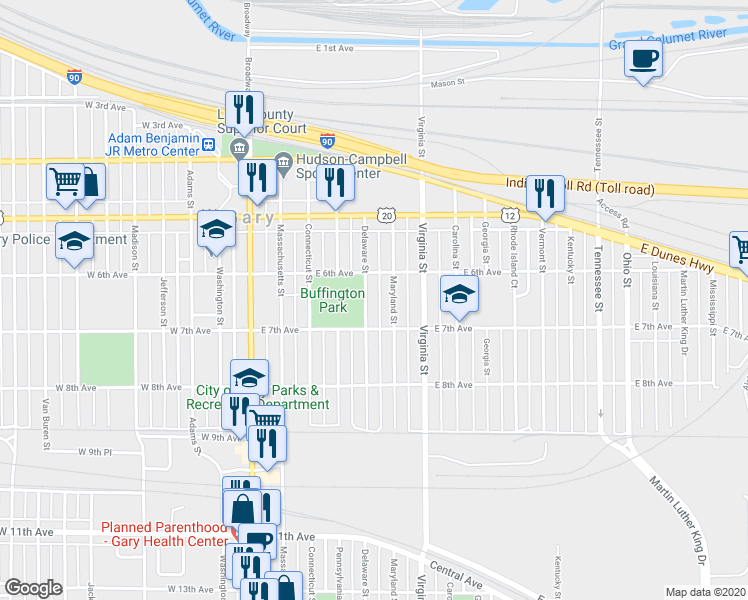 map of restaurants, bars, coffee shops, grocery stores, and more near 637 Delaware Street in Gary