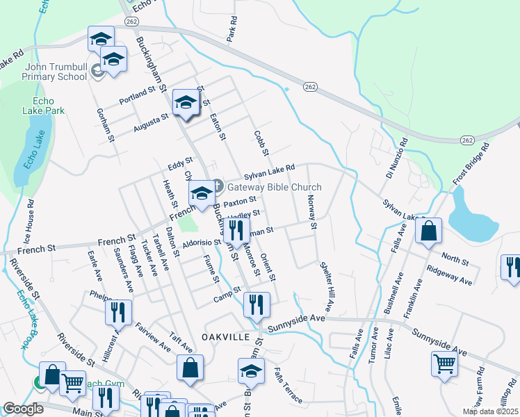 map of restaurants, bars, coffee shops, grocery stores, and more near 67 Hadley Street in Watertown