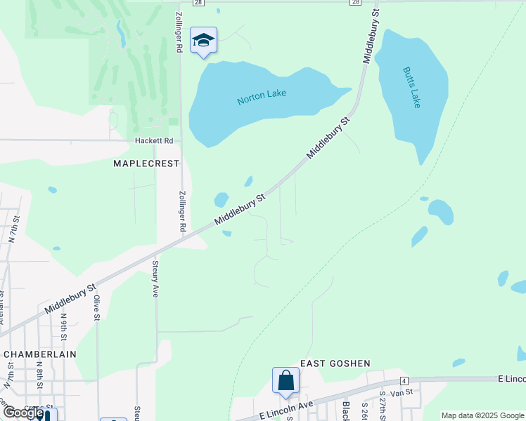 map of restaurants, bars, coffee shops, grocery stores, and more near 18550-18710 Middlebury Street in Goshen